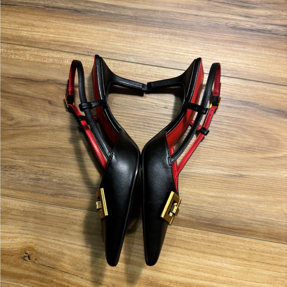 Black Pointed Slingback Heels with Gold Buckle and Red Insole - Picture 4 of 12